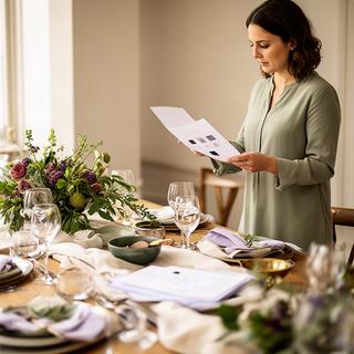 Events manager reviewing a detailed catering plan beside a decorated dining table