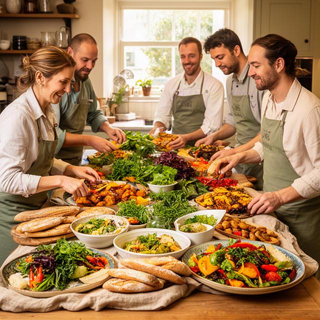 Founding catering team preparing a colourful shared feast in a warm Dinas Powys kitchen