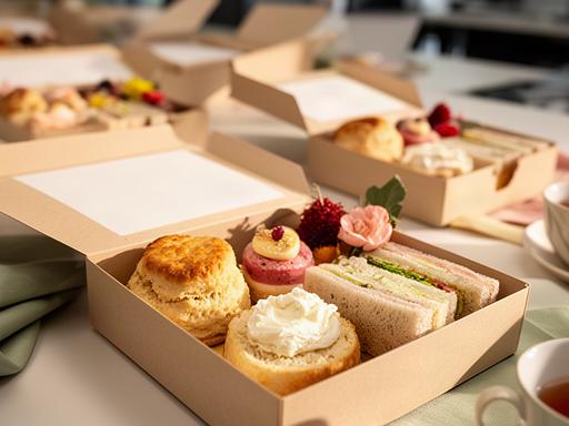 Afternoon tea boxes with scones, clotted cream and finger sandwiches in an office