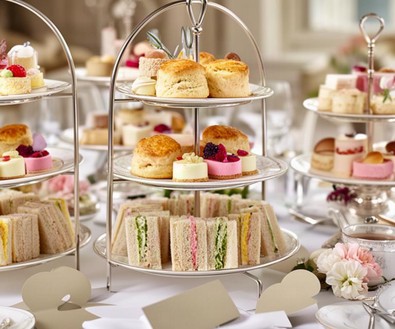 Afternoon tea towers with finger sandwiches, scones and petite fours on a reception table