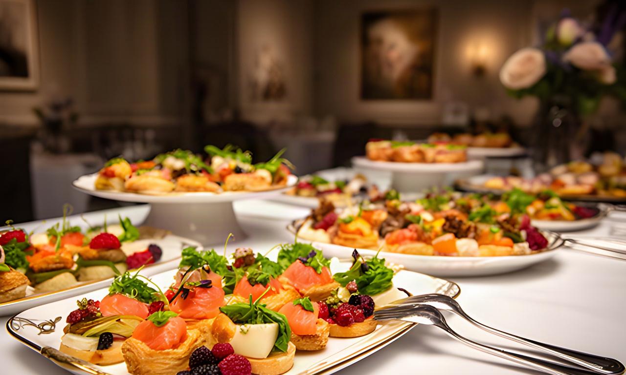 Colourful canapés arranged on porcelain trays at an elegant reception in South Wales