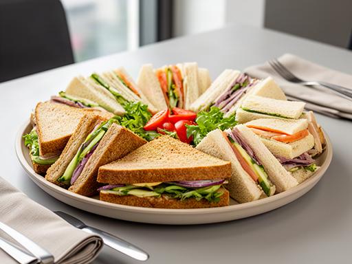 Assorted sandwich platter on artisan bread arranged for an office lunch