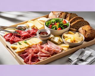 Cold buffet tray with sliced meats, cheeses, salads and fresh bread ready for delivery
