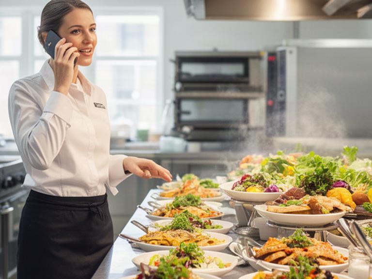 Caterer speaking on the phone beside a prepared buffet in a bright professional kitchen