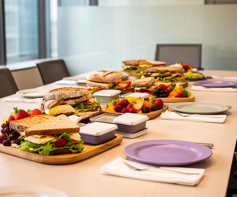 Office meeting table with sandwich platters, fruit and labelled lunch boxes