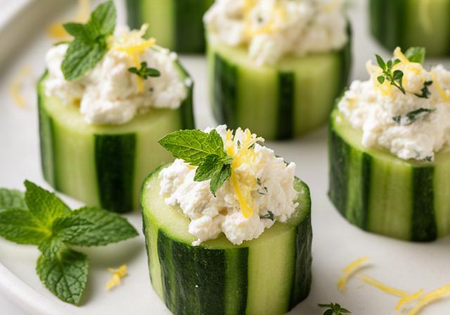 Cucumber cups filled with whipped feta, mint and herbs on a pale serving dish