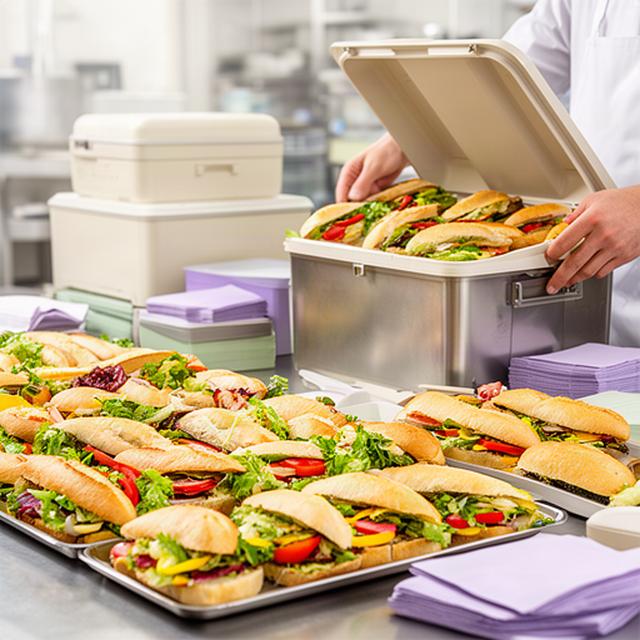 Packed sandwich platters and labelled buffet trays being loaded for delivery in a bright catering kitchen