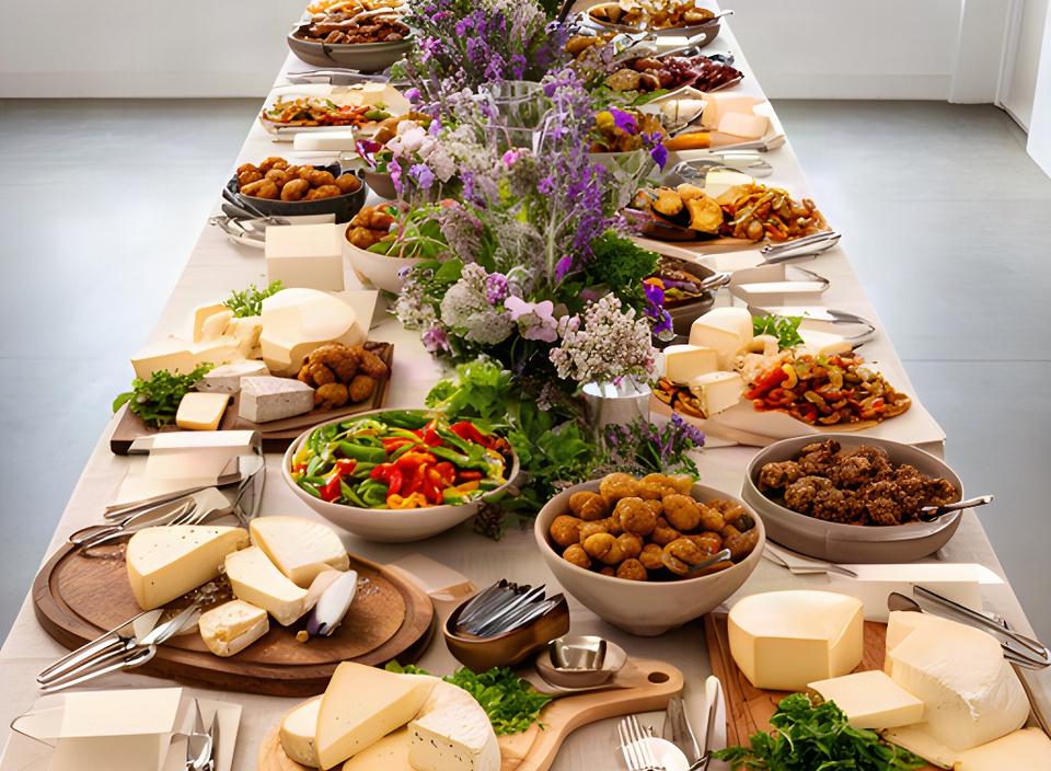 Long grazing table layout with labelled cheeses, boards, flowers and serving utensils for an exhibition reception