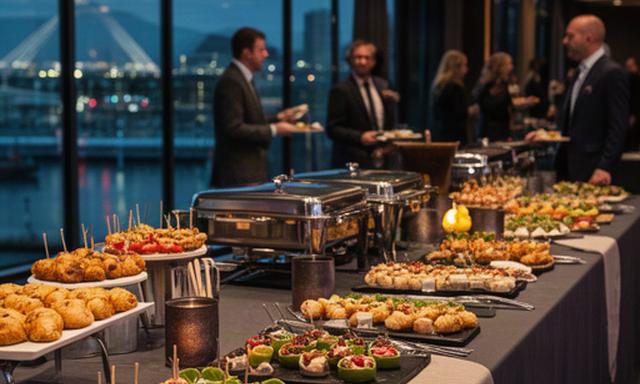 Walking fork buffet arranged for a corporate anniversary gala at Cardiff Bay