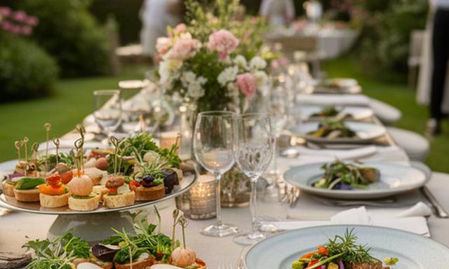 Canapés and plated dinner prepared for a summer garden wedding near Cowbridge