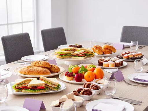 Clearly labelled office catering platters arranged beside meeting room place settings
