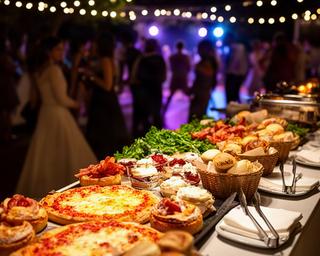 Late-night wedding food station with mini pizzas, bacon rolls and small dessert portions