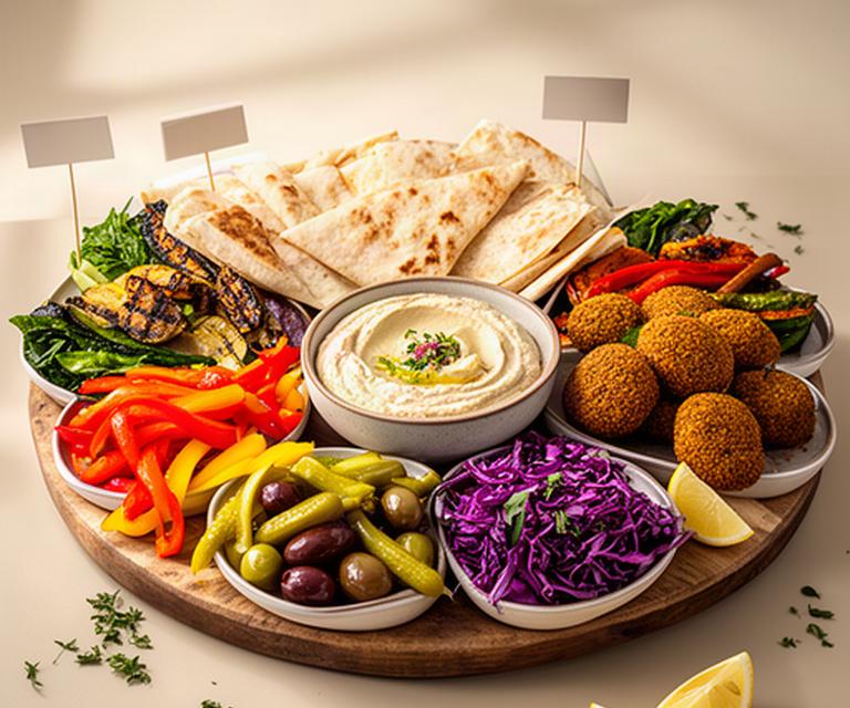 Mediterranean grazing board with hummus, grilled vegetables, flatbreads and falafel