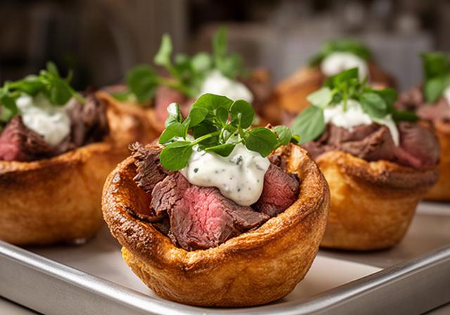 Mini beef Yorkshire puddings filled with horseradish cream on a reception tray