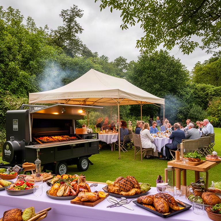 Outdoor barbecue catering set up in a leafy South Wales garden with guests dining under a marquee