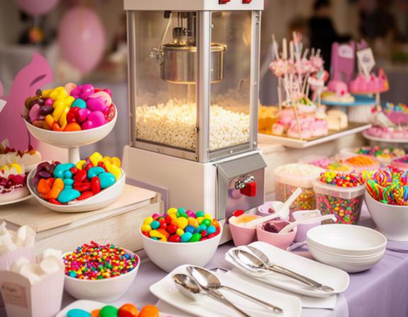 Party dessert table with popcorn machine, colourful sweets and neatly arranged serving pieces