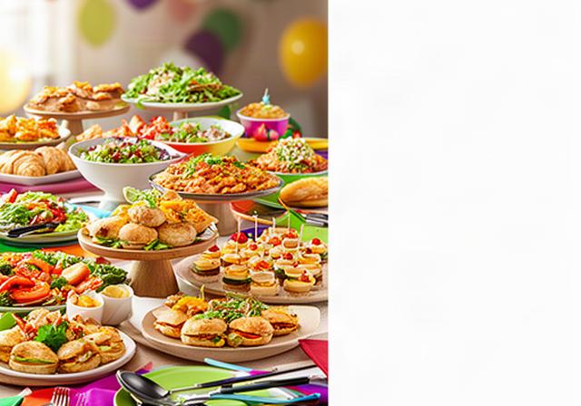 Colourful party buffet with sharing dishes and finger food set on a decorated table