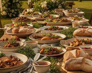 Rustic wedding buffet with sharing platters, warm bread and greenery on a long wooden table