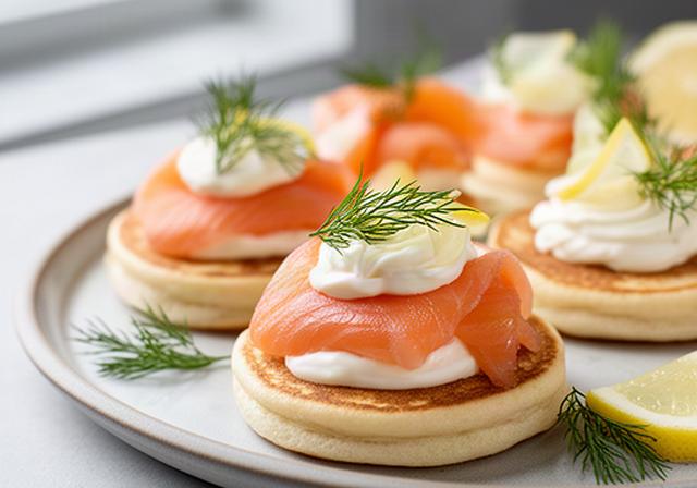 Smoked salmon blinis topped with dill and crème fraîche on a ceramic serving plate