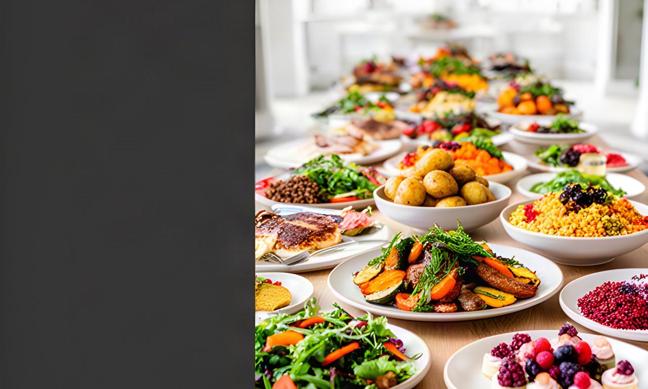 Colourful vegan, gluten-free and vegetarian dishes arranged on a long catering table in a bright Welsh event space