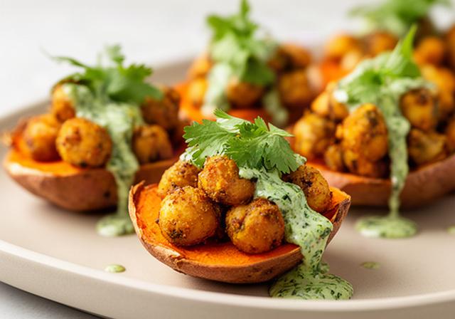 Sweet potato and chickpea bites topped with herbs and served on a modern buffet platter