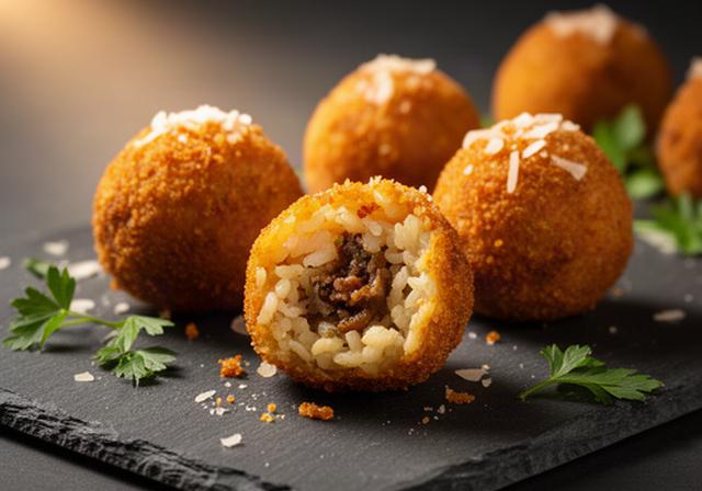 Golden truffle and Parmesan arancini served warm on a dark slate platter