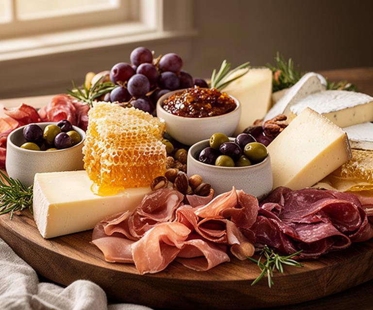 Vale Harvest grazing board with local cheeses, charcuterie, olives and honeycomb