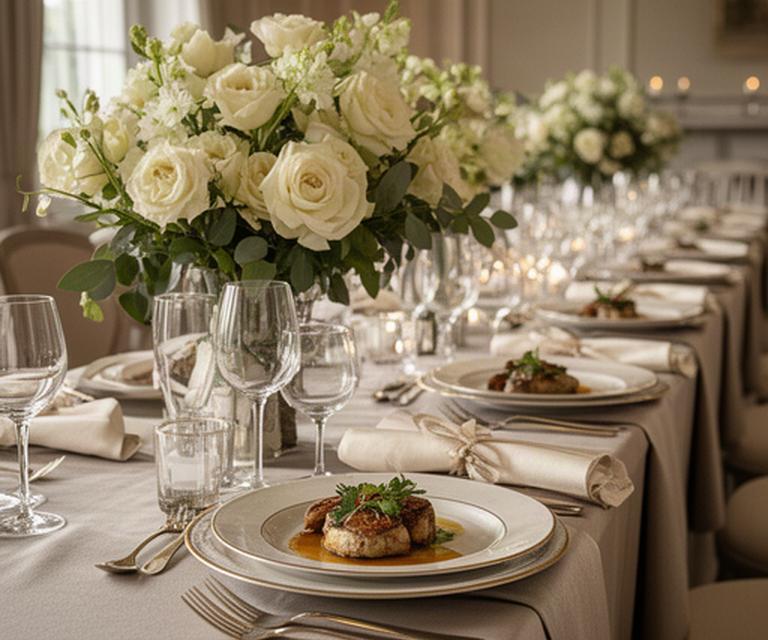 Elegant wedding table in a Vale of Glamorgan venue with ivory flowers, linen napkins and plated dinner settings