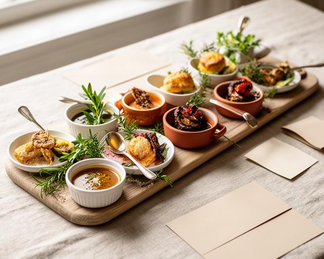 Wedding catering tasting board with canapés, sauce pots, herbs and handwritten menu notes on a linen table