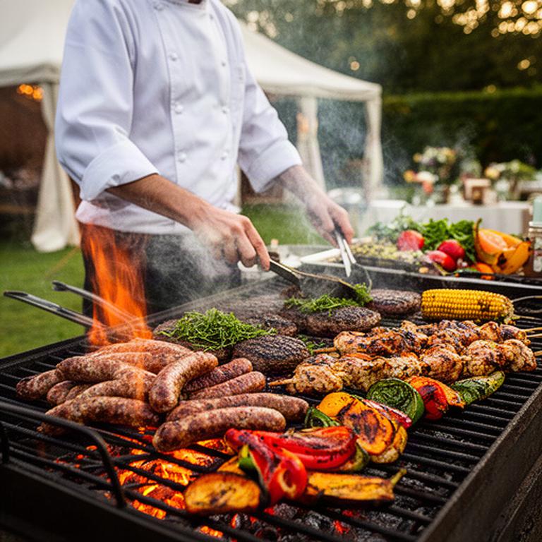Chef tending a barbecue with Welsh sausages, burgers, chicken skewers, and grilled vegetables outdoors