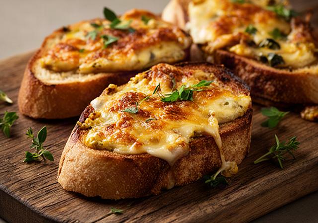 Welsh rarebit crostini with mustard and herbs arranged on a wooden board